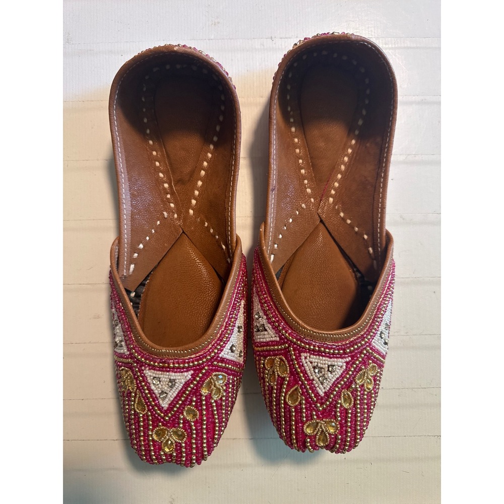 Handmade Jutti Khussa Flats‎ Women Size 5 Pink Gold Beaded Excellent Traditional